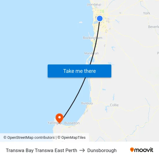Transwa Bay Transwa East Perth to Dunsborough map