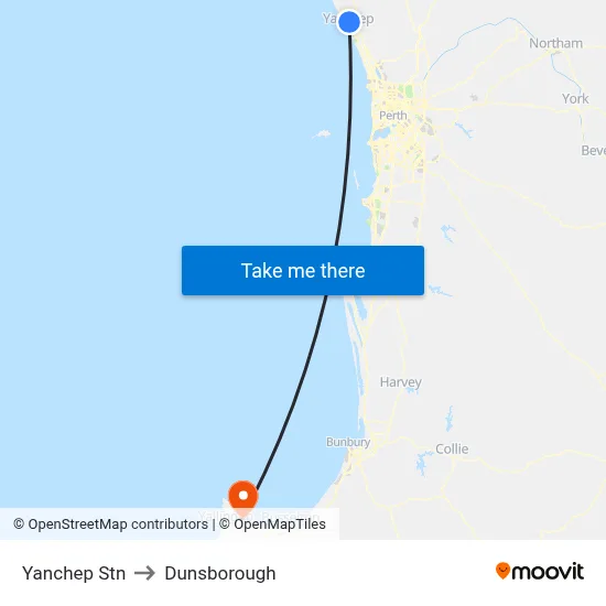 Yanchep Stn to Dunsborough map