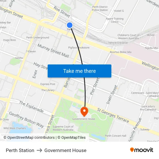 Perth Station to Government House map