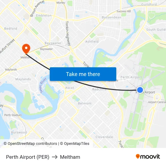 Perth Airport (PER) to Meltham map
