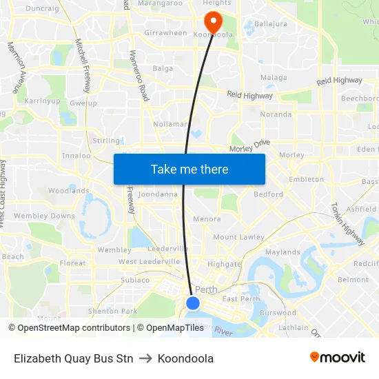 Elizabeth Quay Bus Stn to Koondoola map