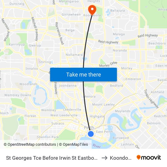 St Georges Tce Before Irwin St Eastbound to Koondoola map