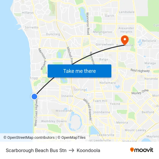 Scarborough Beach Bus Stn to Koondoola map