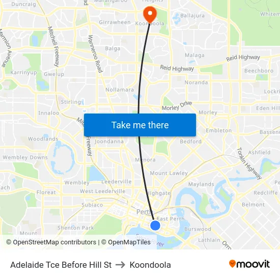 Adelaide Tce Before Hill St to Koondoola map