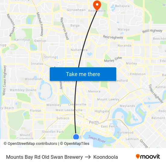 Mounts Bay Rd Old Swan Brewery to Koondoola map