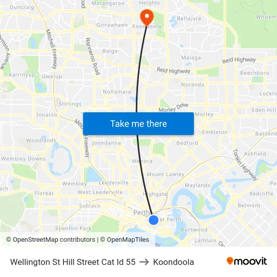 Wellington St Hill Street Cat Id 55 to Koondoola map