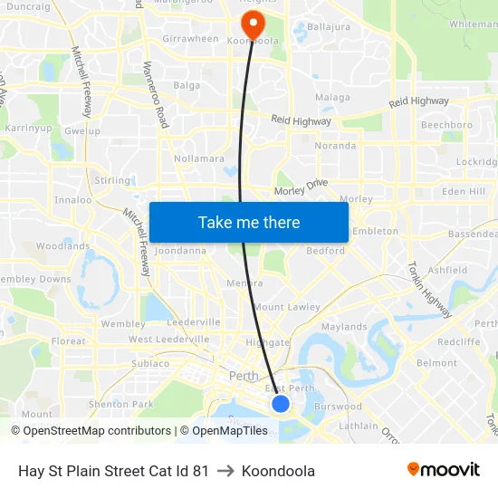 Hay St Plain Street Cat Id 81 to Koondoola map