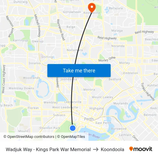 Wadjuk Way - Kings Park War Memorial to Koondoola map