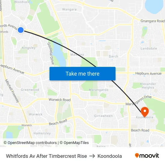 Whitfords Av After Timbercrest Rise to Koondoola map
