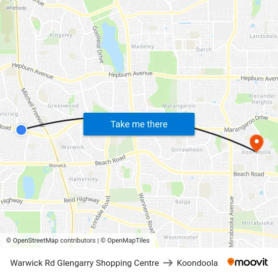 Warwick Rd Glengarry Shopping Centre to Koondoola map