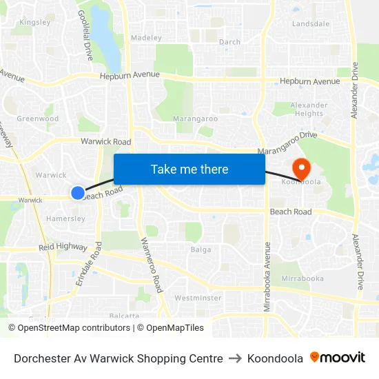 Dorchester Av Warwick Shopping Centre to Koondoola map