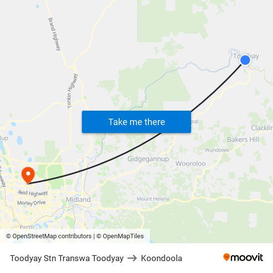 Toodyay Stn Transwa Toodyay to Koondoola map