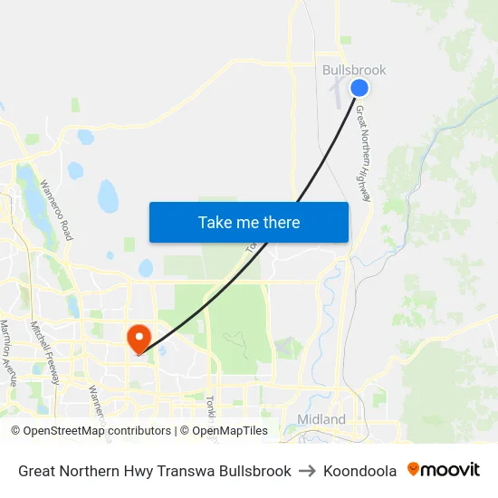 Great Northern Hwy Transwa Bullsbrook to Koondoola map