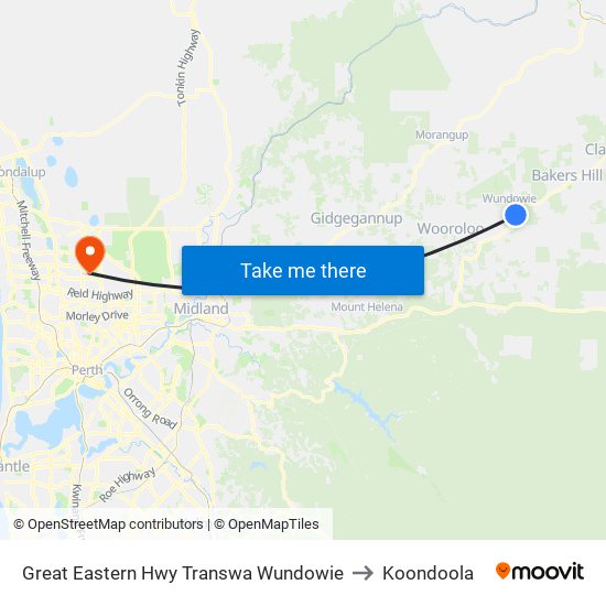 Great Eastern Hwy Transwa Wundowie to Koondoola map