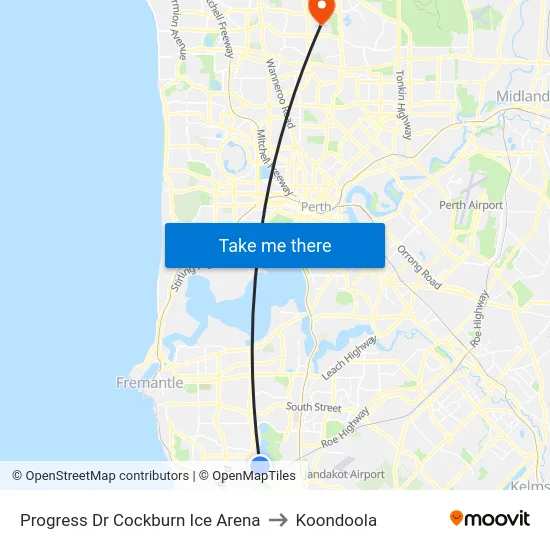 Progress Dr Cockburn Ice Arena to Koondoola map