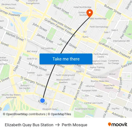 Elizabeth Quay Bus Station to Perth Mosque map