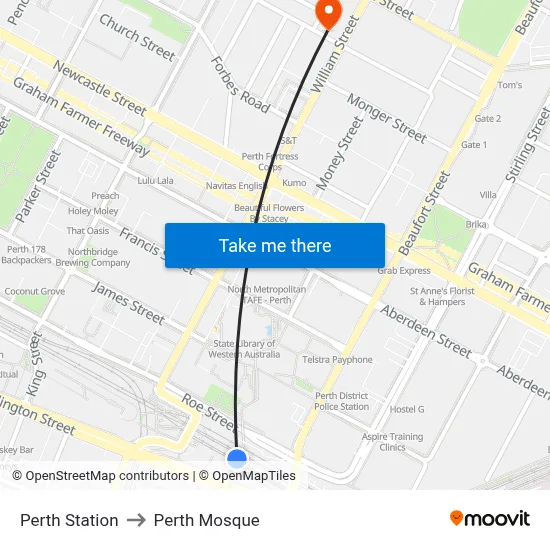 Perth Station to Perth Mosque map