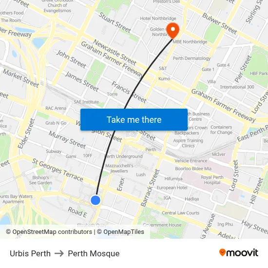 Urbis Perth to Perth Mosque map
