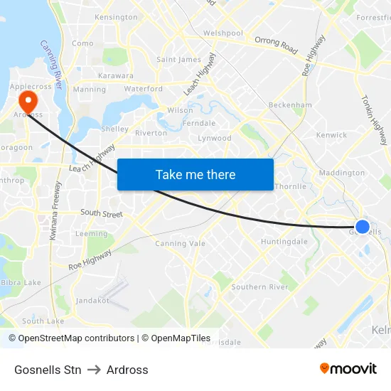 Gosnells Stn to Ardross map
