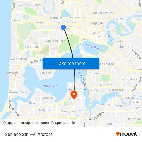Subiaco Stn to Ardross map