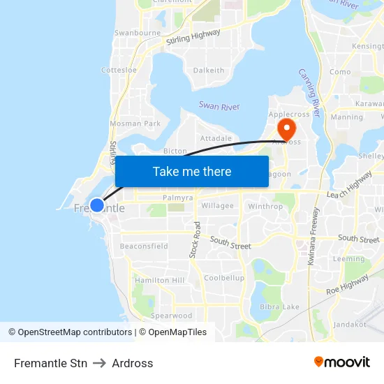 Fremantle Stn to Ardross map