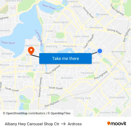 Albany Hwy Carousel Shop Ctr to Ardross map
