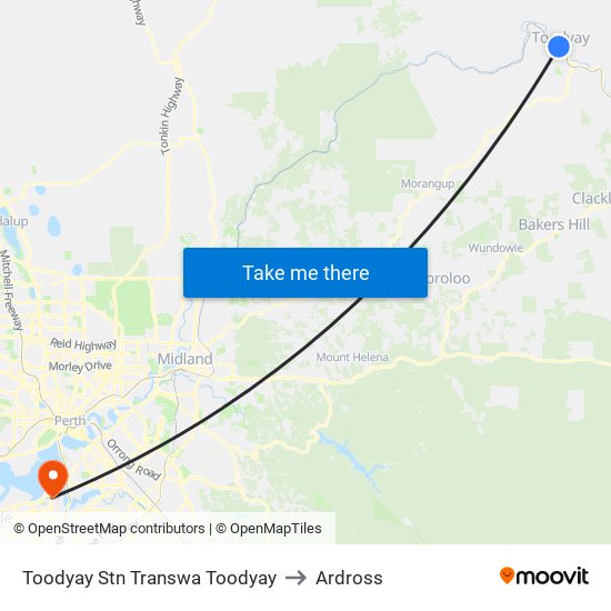 Toodyay Stn Transwa Toodyay to Ardross map