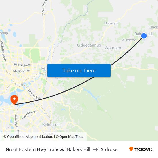 Great Eastern Hwy Transwa Bakers Hill to Ardross map