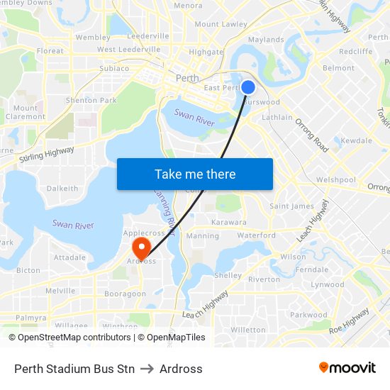 Perth Stadium Bus Stn to Ardross map