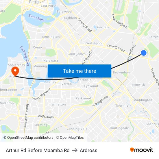 Arthur Rd Before Maamba Rd to Ardross map