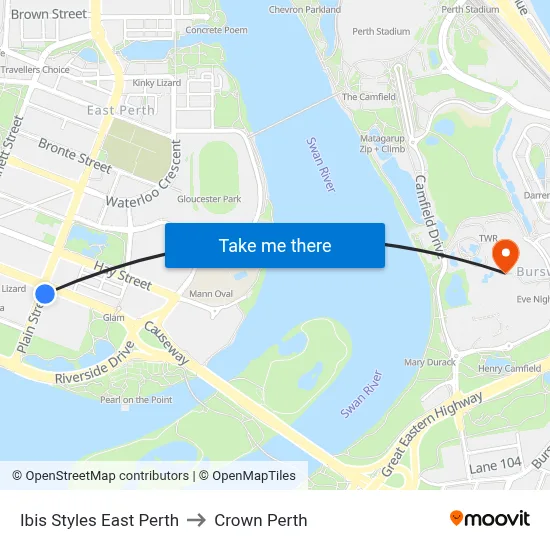 Ibis Styles East Perth to Crown Perth map