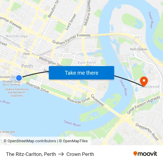 The Ritz-Carlton, Perth to Crown Perth map