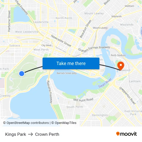 Kings Park to Crown Perth map