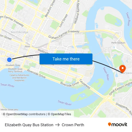 Elizabeth Quay Bus Station to Crown Perth map