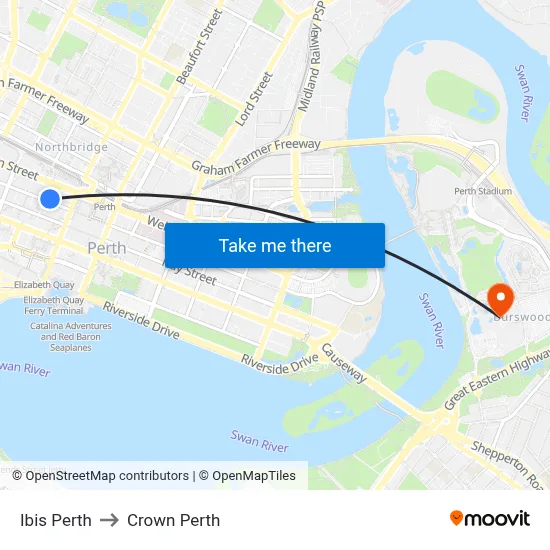 Ibis Perth to Crown Perth map