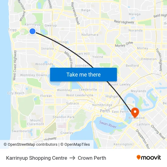 Karrinyup Shopping Centre to Crown Perth map