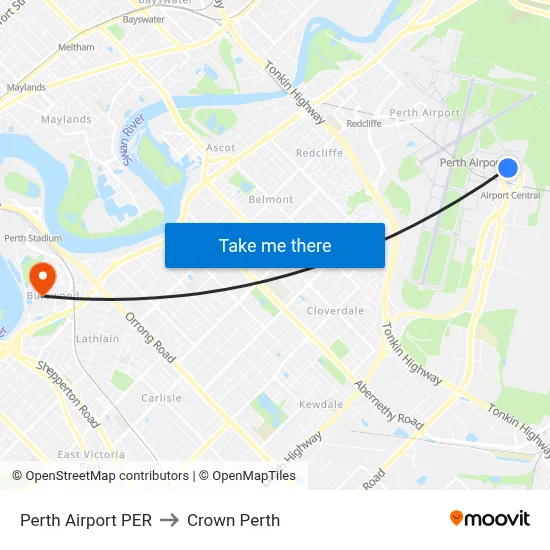 Perth Airport PER to Crown Perth map