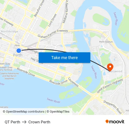 QT Perth to Crown Perth map