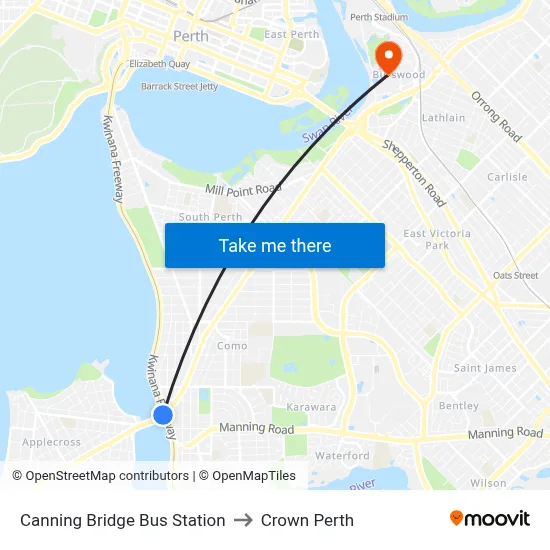 Canning Bridge Bus Station to Crown Perth map