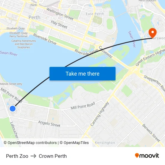 Perth Zoo to Crown Perth map