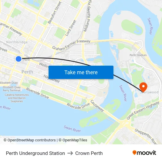 Perth Underground Station to Crown Perth map