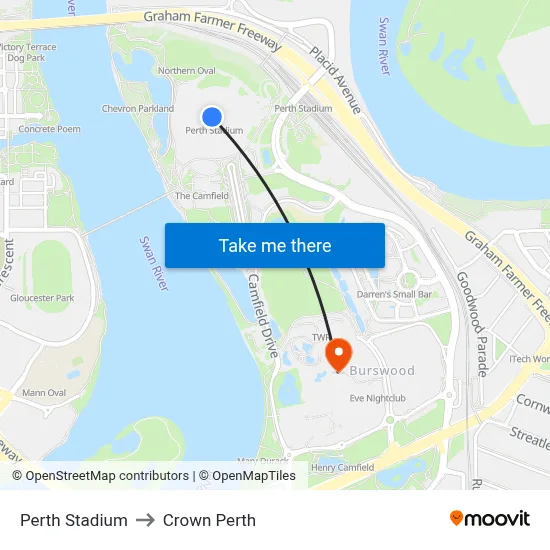 Perth Stadium to Crown Perth map