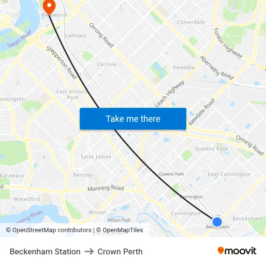 Beckenham Station to Crown Perth map