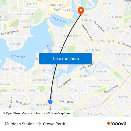 Murdoch Station to Crown Perth map