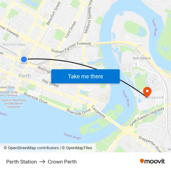 Perth Station to Crown Perth map
