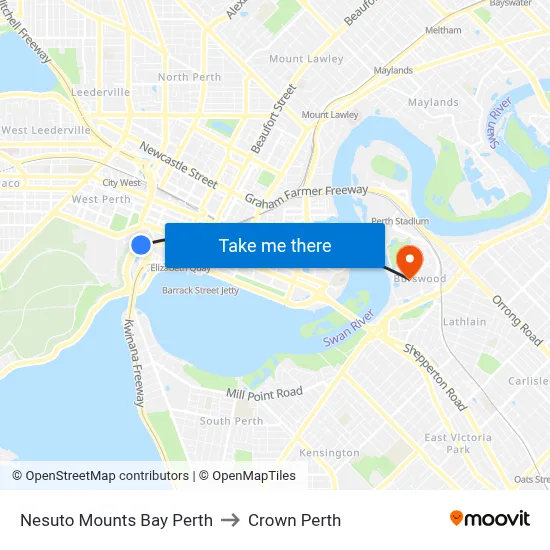 Nesuto Mounts Bay Perth to Crown Perth map