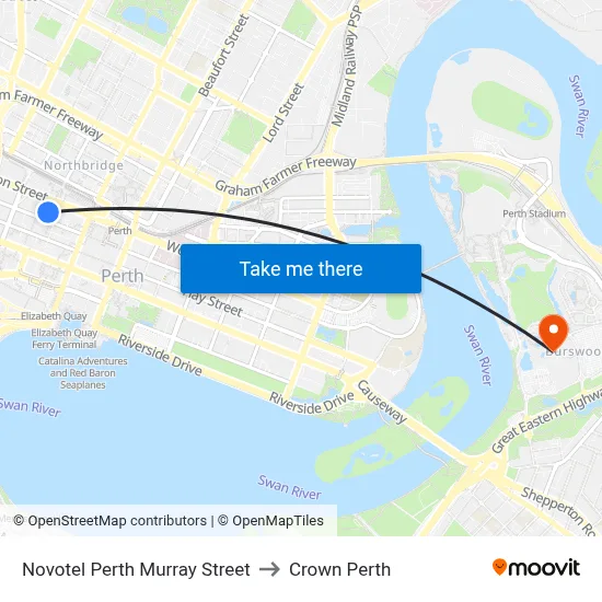 Novotel Perth Murray Street to Crown Perth map