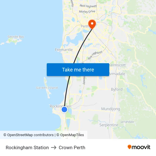 Rockingham Station to Crown Perth map