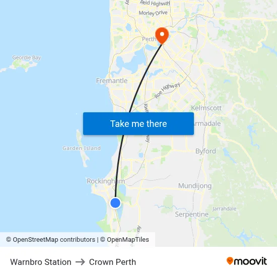 Warnbro Station to Crown Perth map
