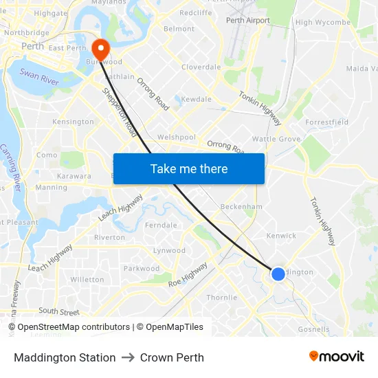 Maddington Station to Crown Perth map